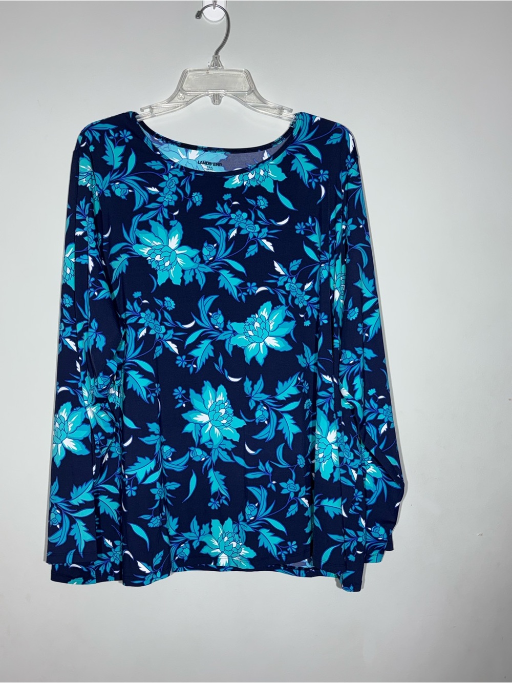 Lands' End Women's Shirt Size 3X Blue Floral Tropical Long Sleeve Nylon Top